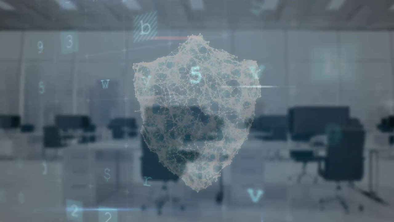 비어있는 사무실에 대한 사이버 보안 데이터 처리 및 보안 방패 아이콘의 애니메이션