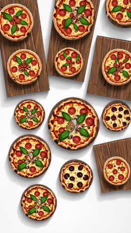 assortment of pepperoni, basil, and mushroom pizzas