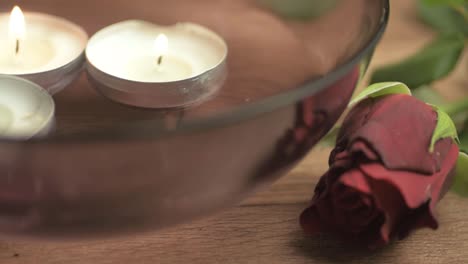 floating tea light candles with red rose for romantic evening