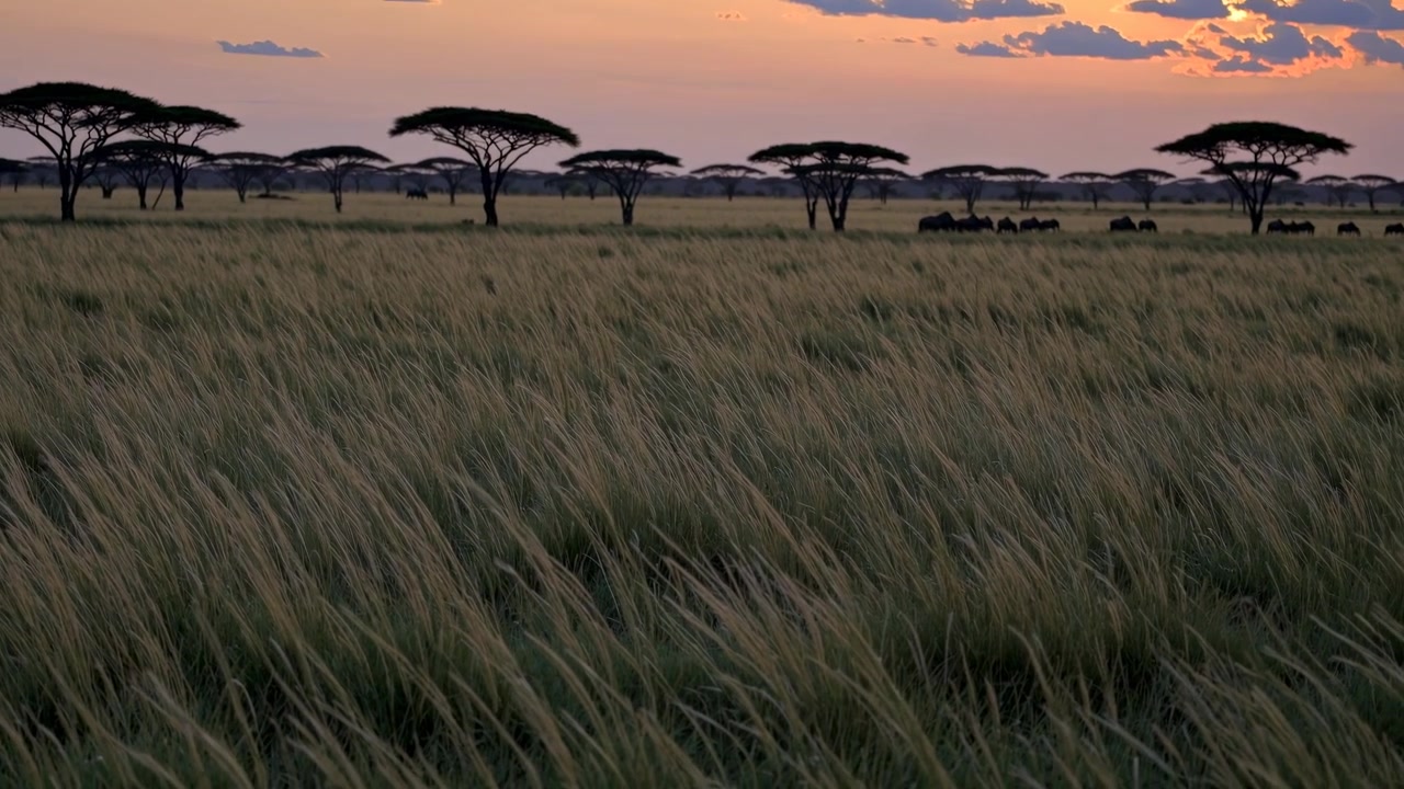 Gnu Græssende i Afrikansk Savanne ved Solnedgang