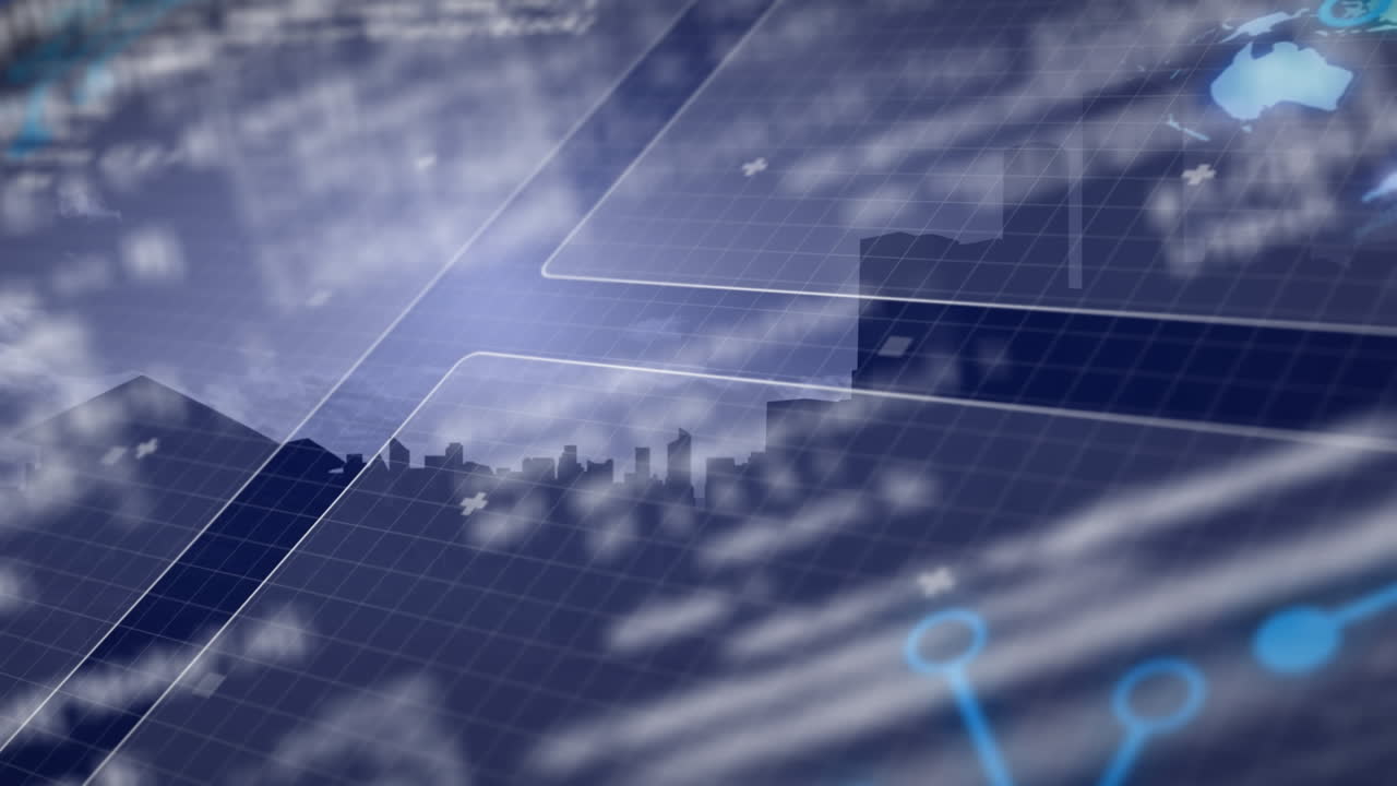 세계 지도를 가로지르는 데이터 처리 및 연결 네트워크의 애니메이션