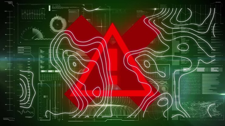 Animation of topographical chart moving over red warning triangle and data processing on interface