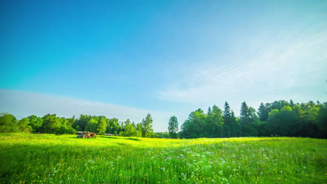 Green-meadow-hills-and-forest-in-rural-countryside,-fast-moving-timelapse