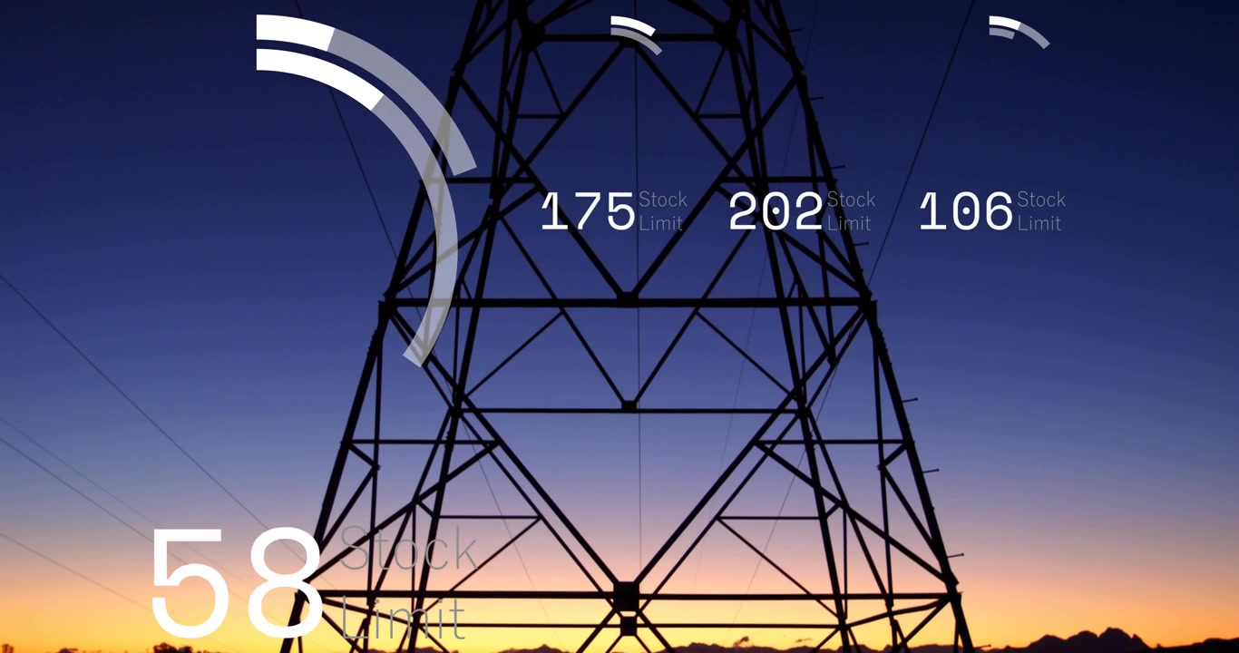 Vídeo vertical: Animando sobreposição de HUD sobre pilone enquanto anéis aparecem, mostrando Limite de Estoque e horizonte