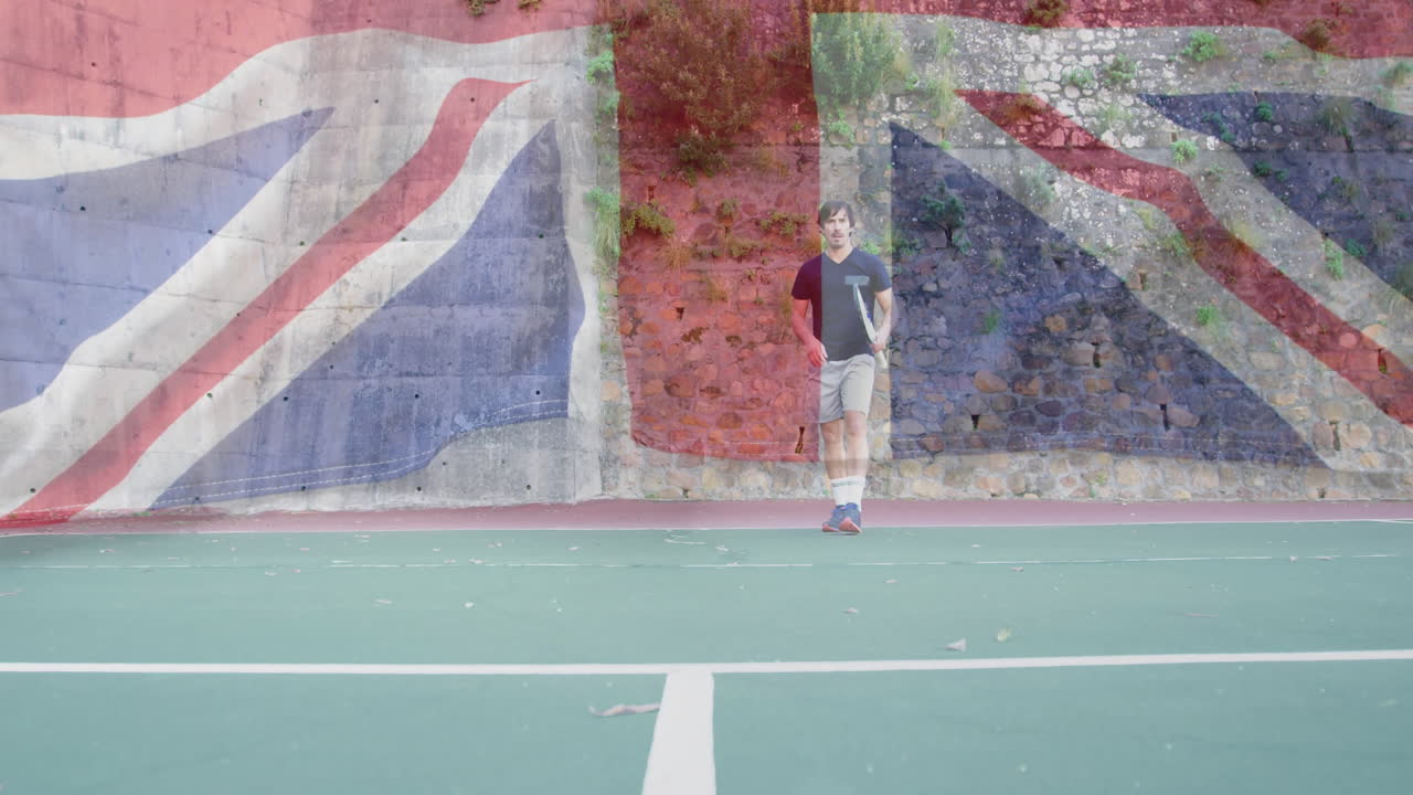 male tennis player swinging racket on tennis court interacting with animated health data overlays