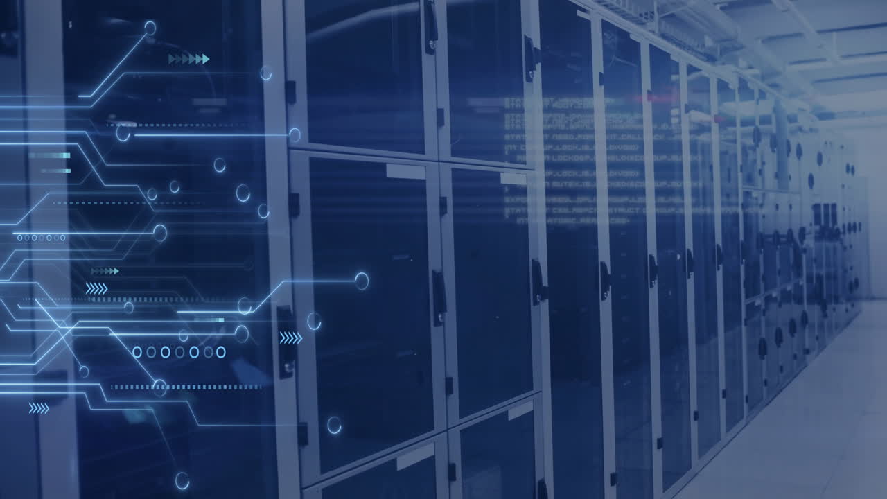 Animation of digital data processing, circuit board and computer servers