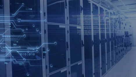 Animation-of-digital-data-processing,-circuit-board-and-computer-servers