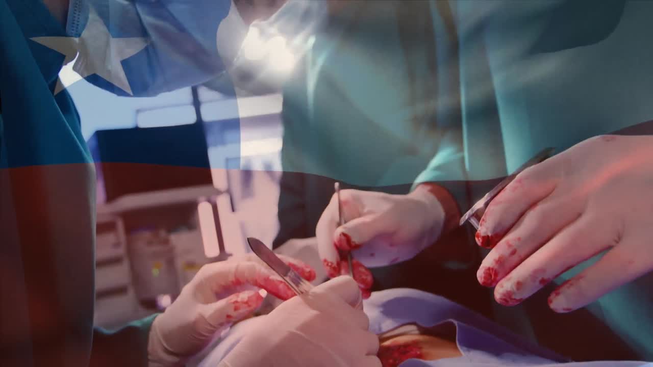 Animation of flag of chile waving over surgeons in operating theatre