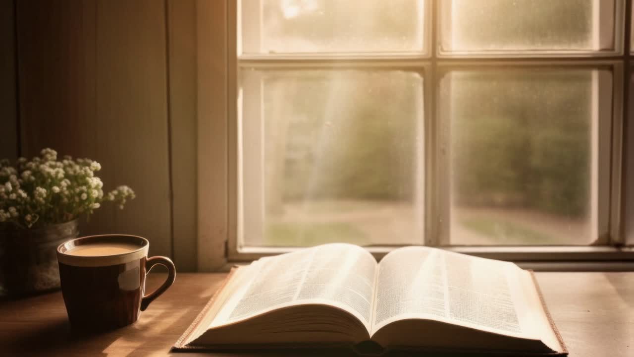 Warm, cozy video scene of an open book and coffee cup on a wooden table by a sunlit window