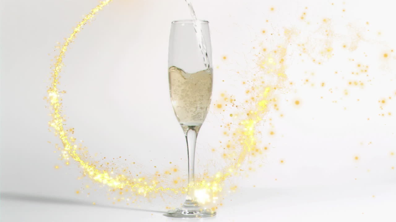 Animation of firework moving around champagne pouring in flute on white background