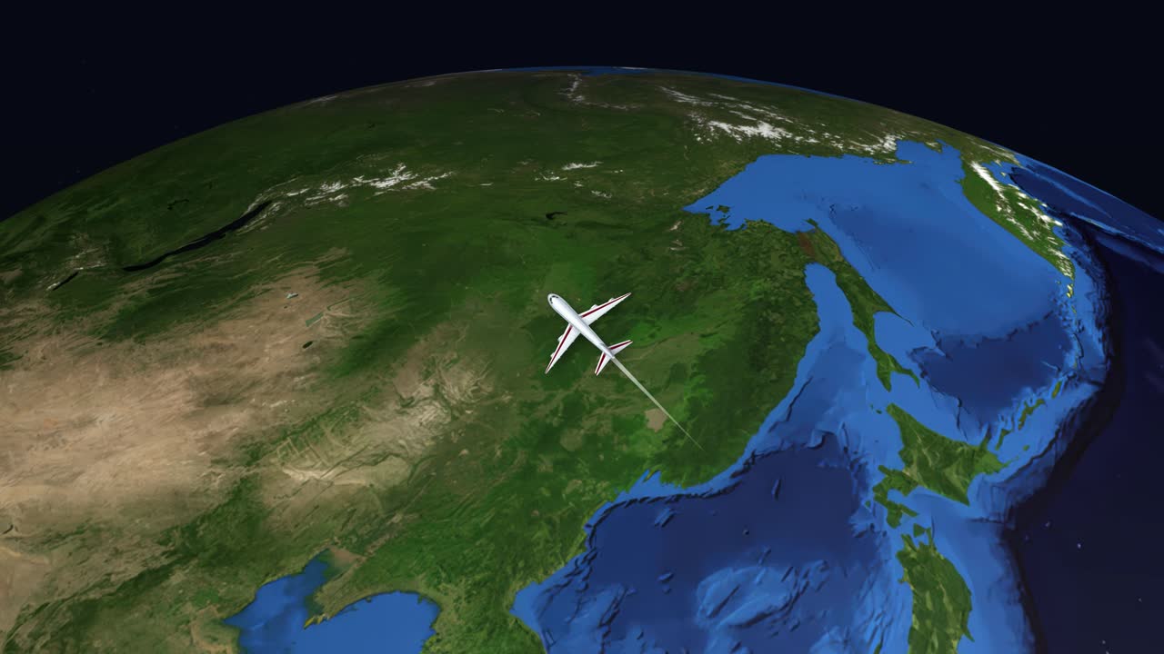 A digital animation tracks a commercial airplane flying from Tokyo to Paris across the globe