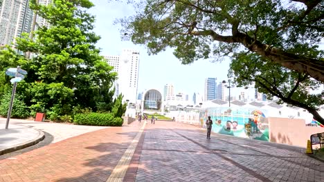 hong kong park scene with city buildings