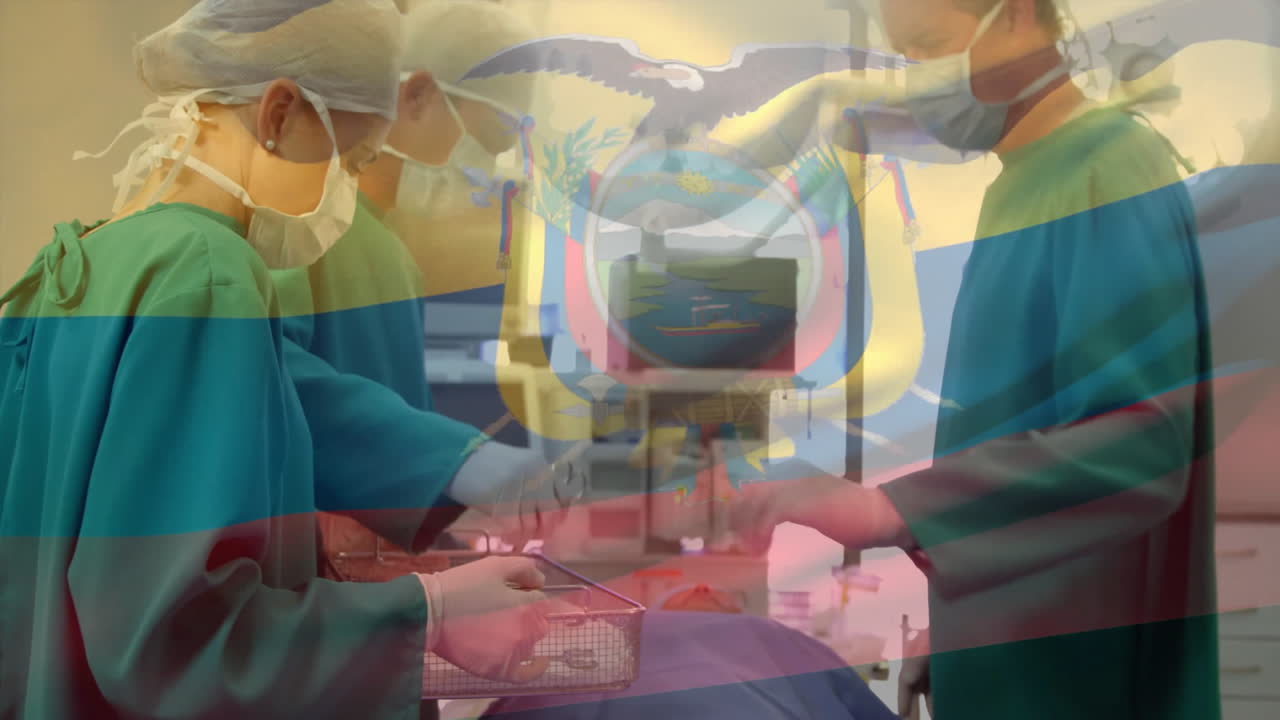 Animation of flag of ecuador over caucasian surgeons during surgery