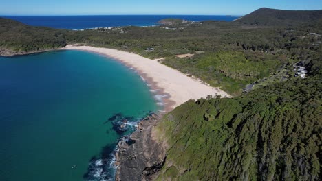 Number-One-Beach---Seal-Rocks---Mid-North-Coast---New-South-Wales--NSW---Australia---Aerial-Shot-Over-Mountain