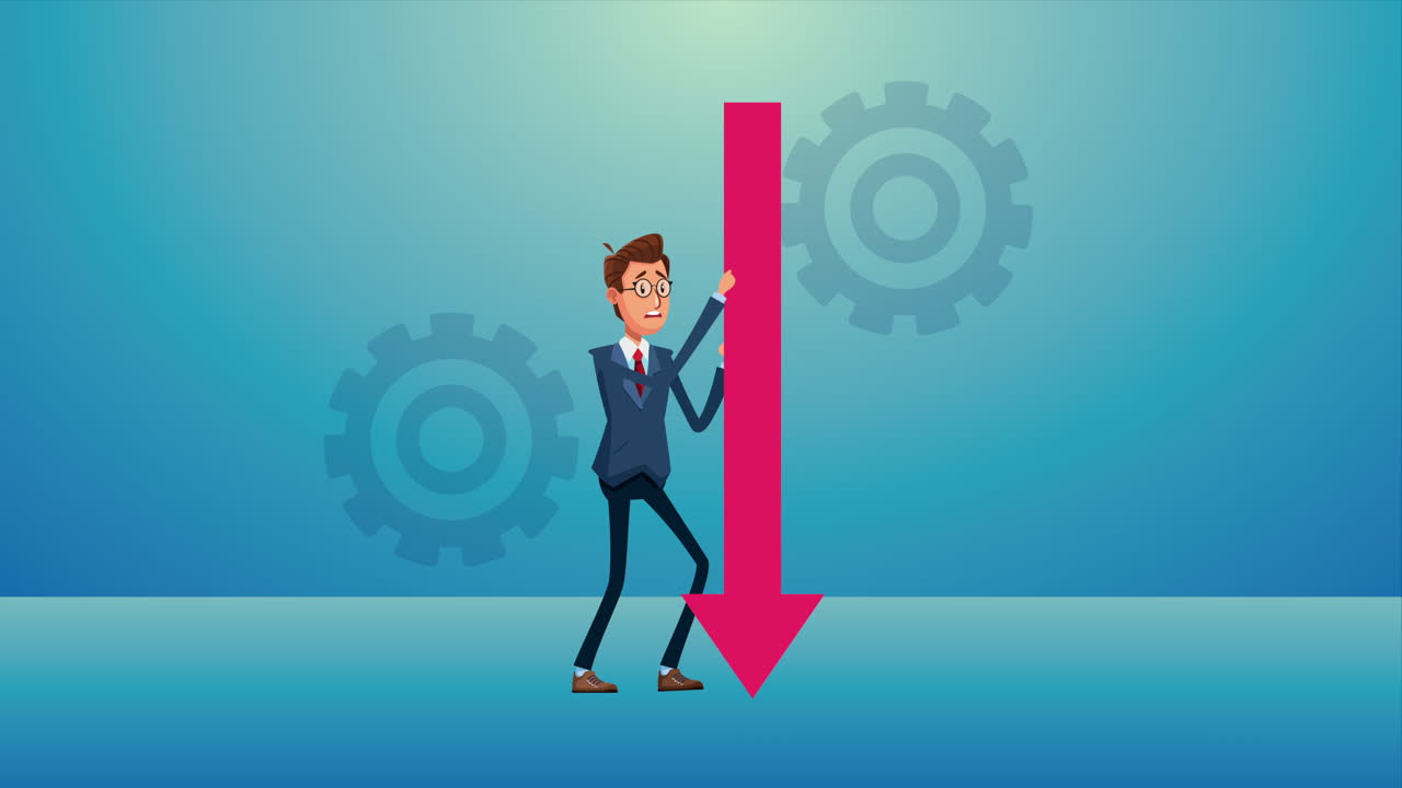 elegante hombre de negocios con flecha hacia abajo y engranajes personaje animado