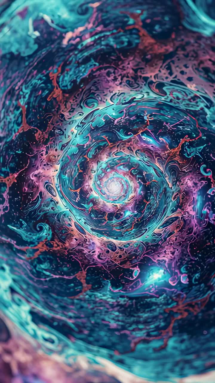 Vertical video: Pulling camera inward, rotating vortex approaching bright core and orange filaments