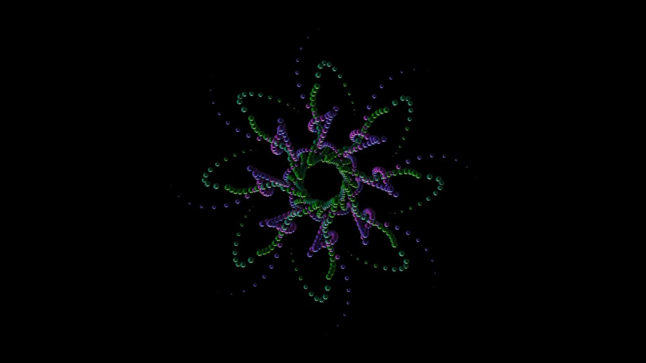 fondo de caleidoscopio hipnótico con figuras cambiantes hechas de pequeñas bolas, bucle sin costuras. animación. hermosas cuentas pequeñas en movimiento aisladas en fondo negro