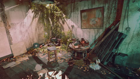 abandoned room overgrown with plants