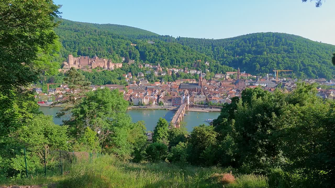 vista de la ladera del centro de la ciudad de heidelberg en alemania en el río neckar con el palacio del castillo y el puente theodore en una toma larga y ancha