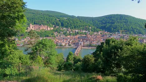 Hillside-view-of-Heidelberg-city-center-in-Germany-at-Neckar-river-with-castle-palace-and-Theodor-Bridge-in-a-long-wide-shot