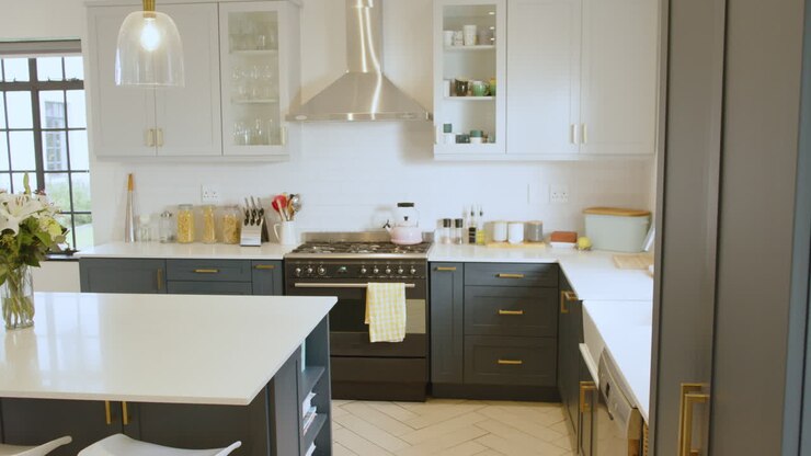 Modern kitchen with sleek appliances and stylish cabinetry, ready for cooking, at home