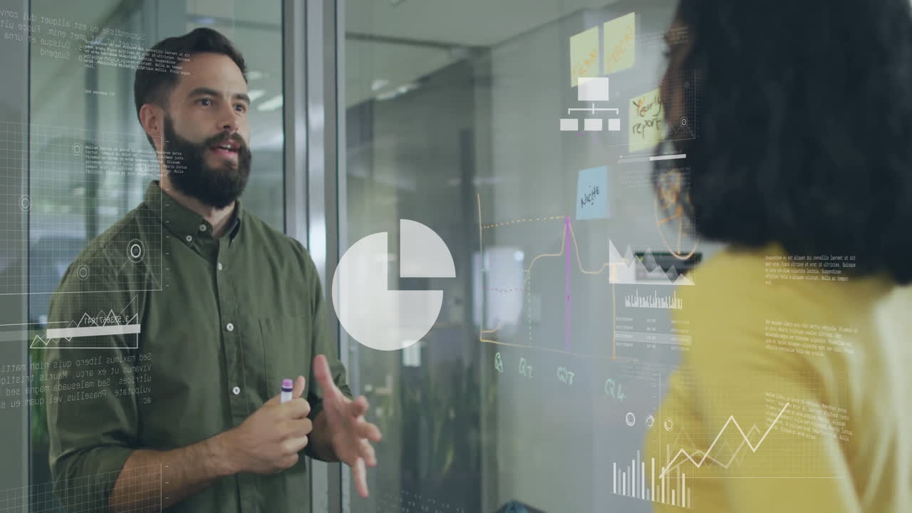 animación del procesamiento de datos financieros sobre diversos colegas que discuten el trabajo en la oficina