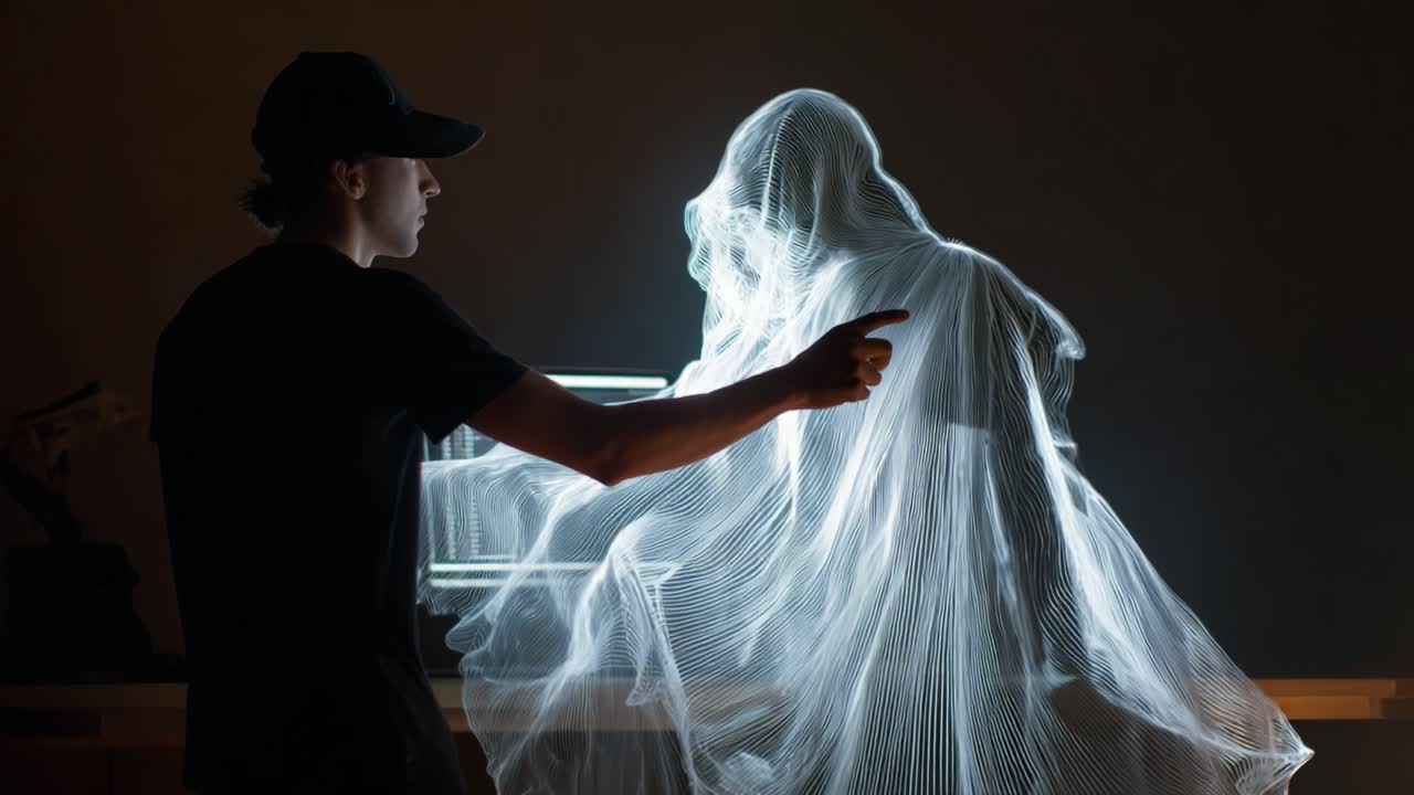A Mysterious Interaction Between a Human and an Ethereal Figure Enveloped in Flowing Fabric, Capturing a Scene of Intriguing Contrast Between Light and Shadow with a Technological Background