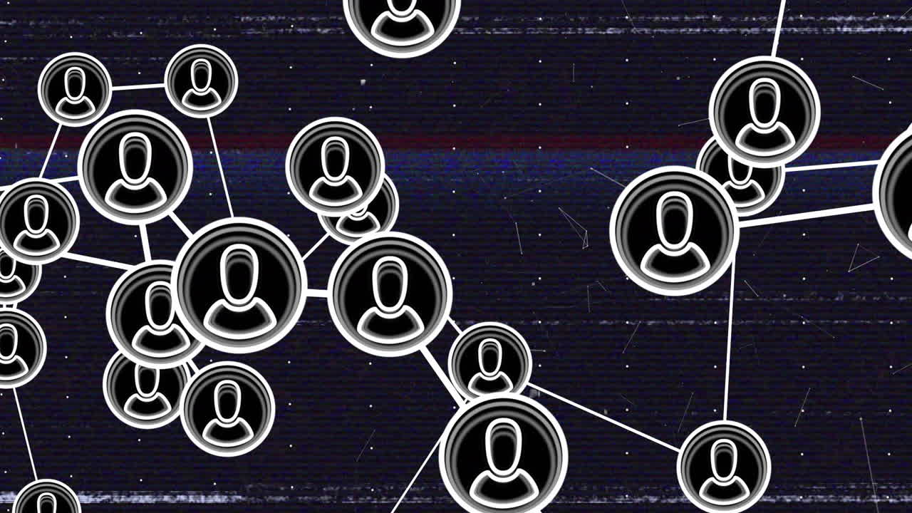 Animation of data processing over network of connections with icons on dark background