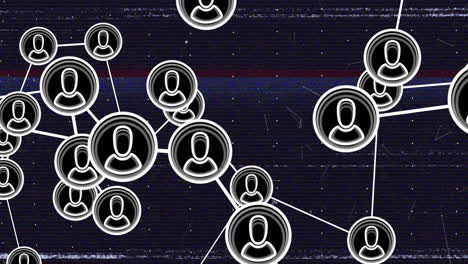 animación del procesamiento de datos a través de la red de conexiones con íconos en fondo oscuro