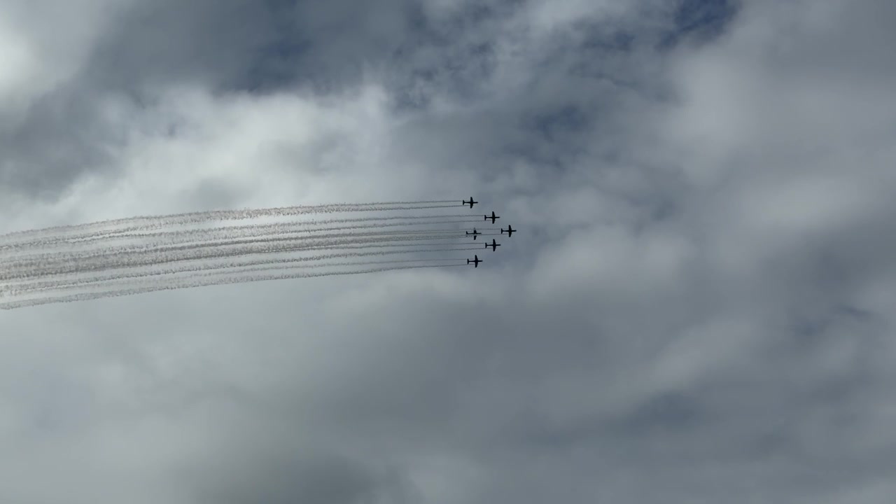 A squadron of vintage warbirds performs a formation flight with smoke trails under overcast skies.