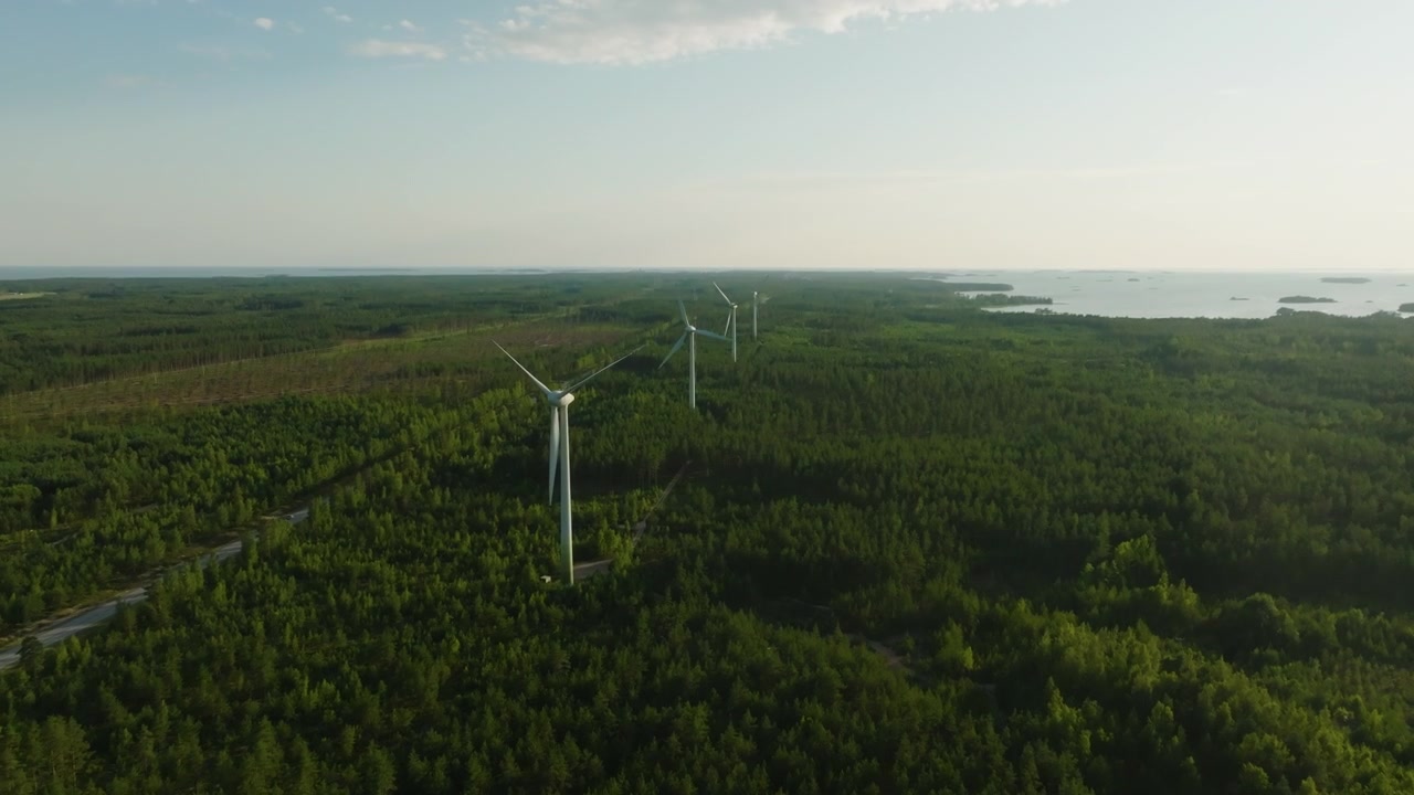Drone che si alza verso i generatori eolici nella natura di Hanko, estate in Finlandia
