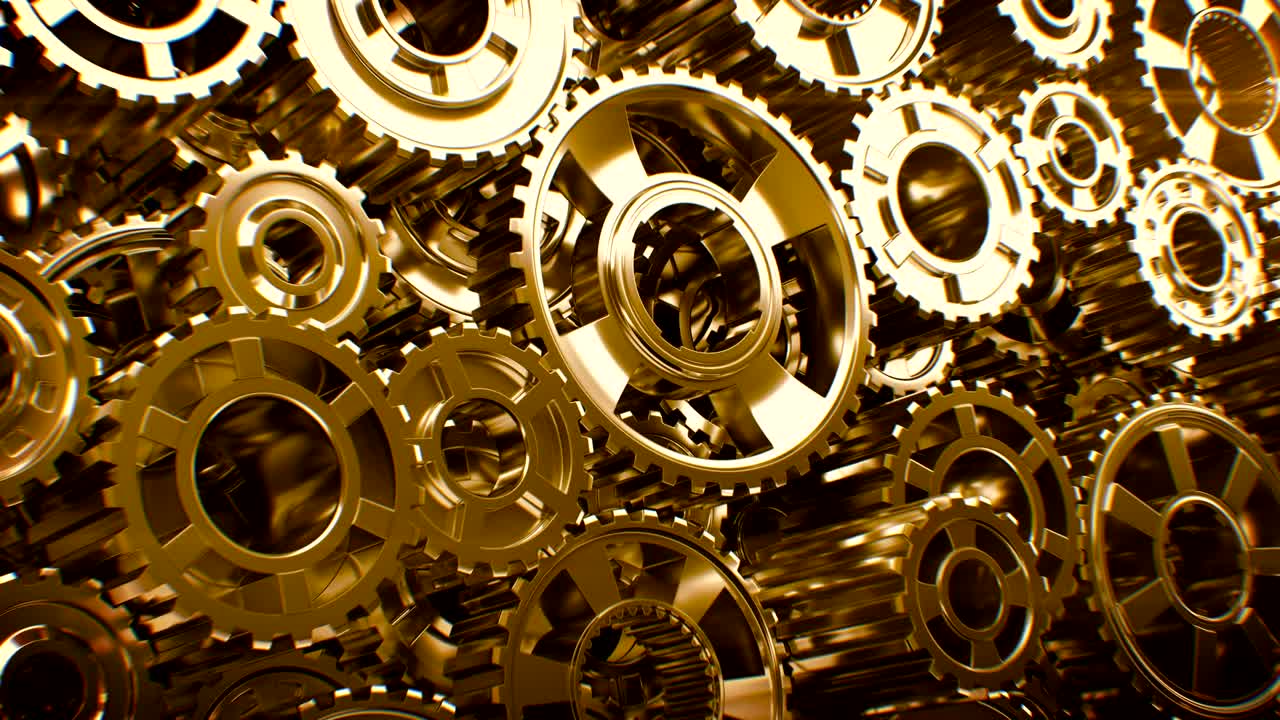 hermosa rotación sin costuras de engranajes dorados de pared. hermosa animación 3d en bucle. proceso de trabajo abstracto. trabajo en equipo concepto de negocio y tecnología.