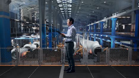 full body side view of an asian male professional worker standing with his tablet at the center of the wind turbine factory, he observes by looking around before he come to concentrating with his tablet