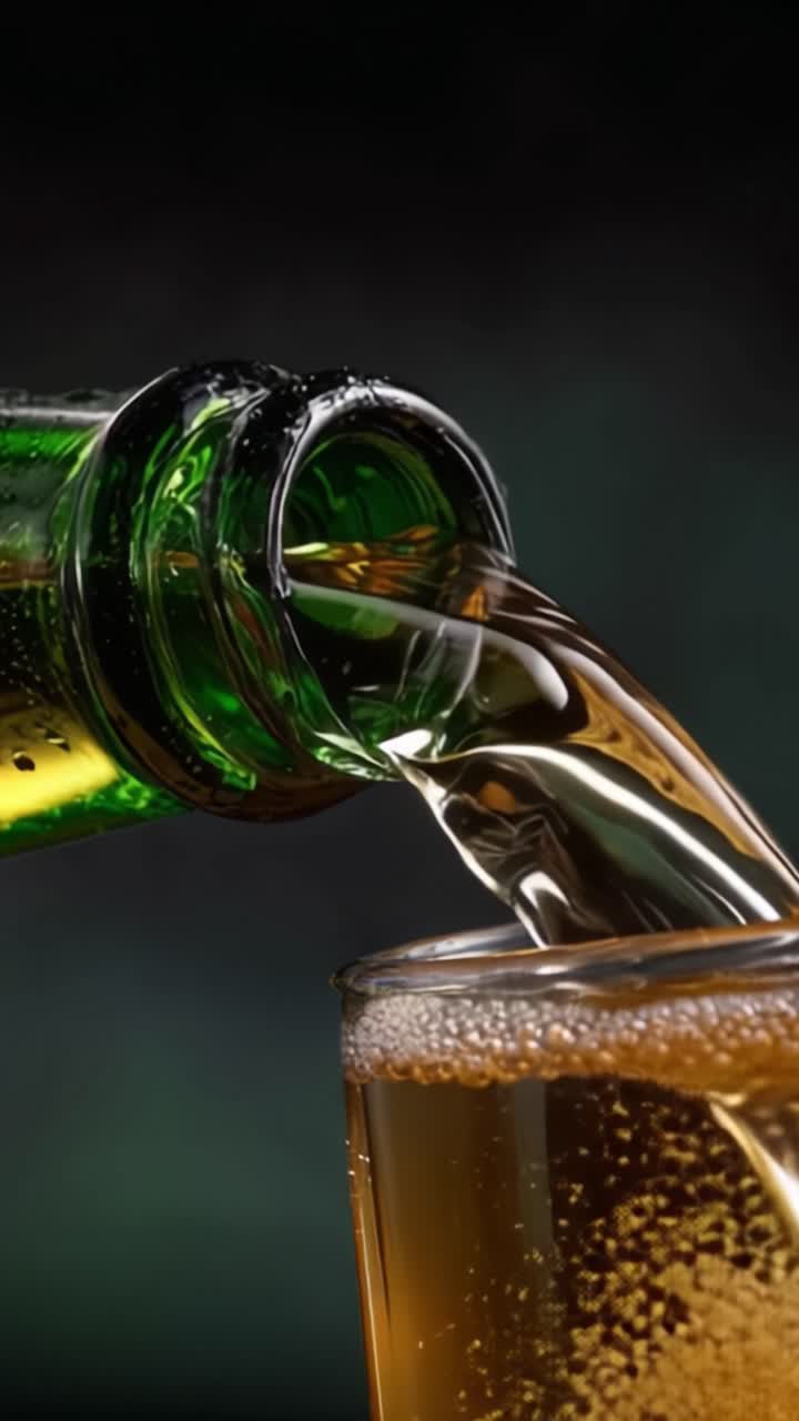 Una rinfrescante versata di bevanda: Bottiglia verde che versa liquido dorato in un bicchiere, catturata con dettagli mozzafiato, mettendo in mostra bollicine e colori intensi.