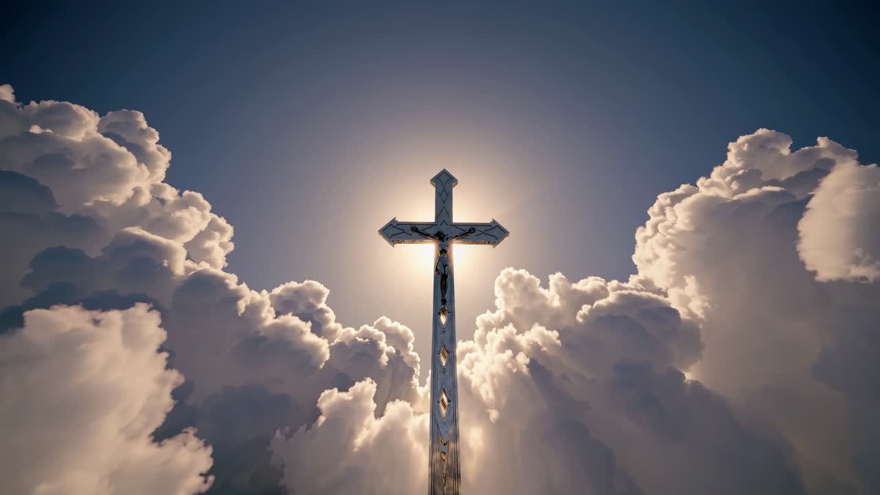 A dramatic upward angle captures a cross silhouetted against a radiant sun, surrounded by clouds