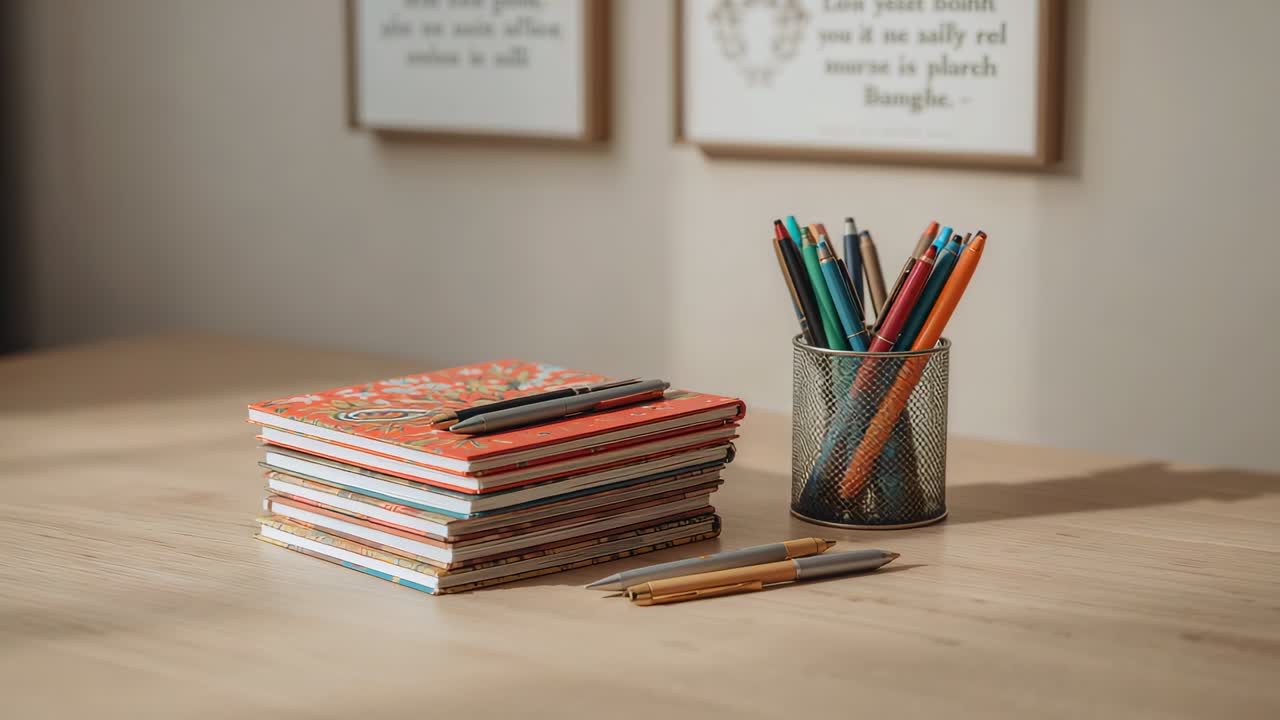 Panning camera pushing right on wooden desk at home, centering notebooks, pens, metal pencil cup