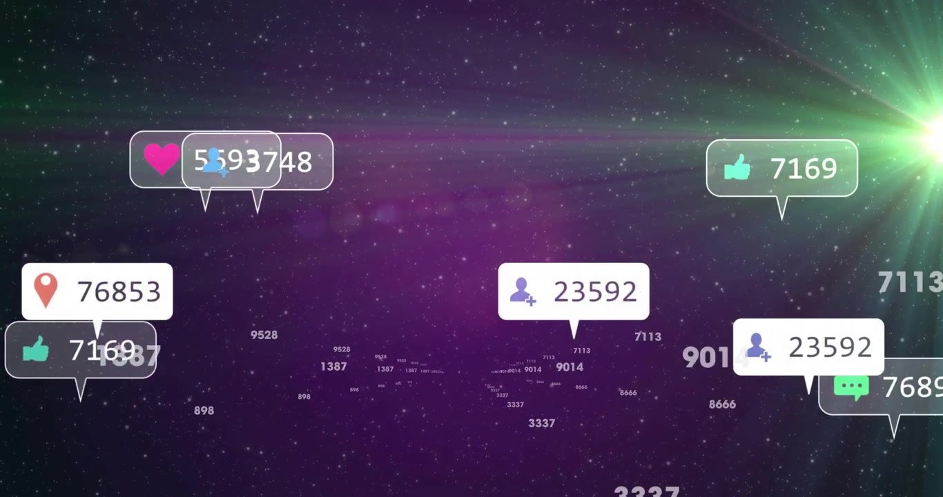 Green lens flare emerging right activating numbered social icons floating showing engagement stream
