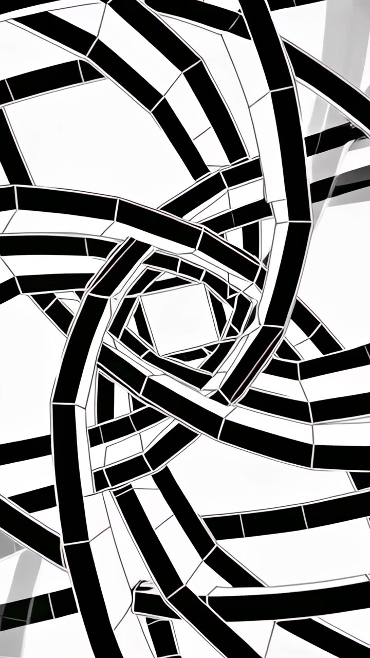 Video verticale: Nastri intrecciati che iniziano a ruotare su un piano bianco, rivelando un vuoto a forma di pentagono e delle cuciture.