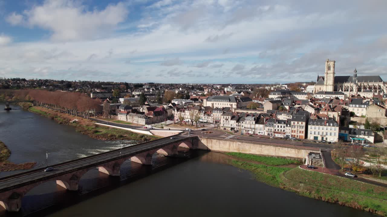 Nevers, France and Loire River, 4K drone clip