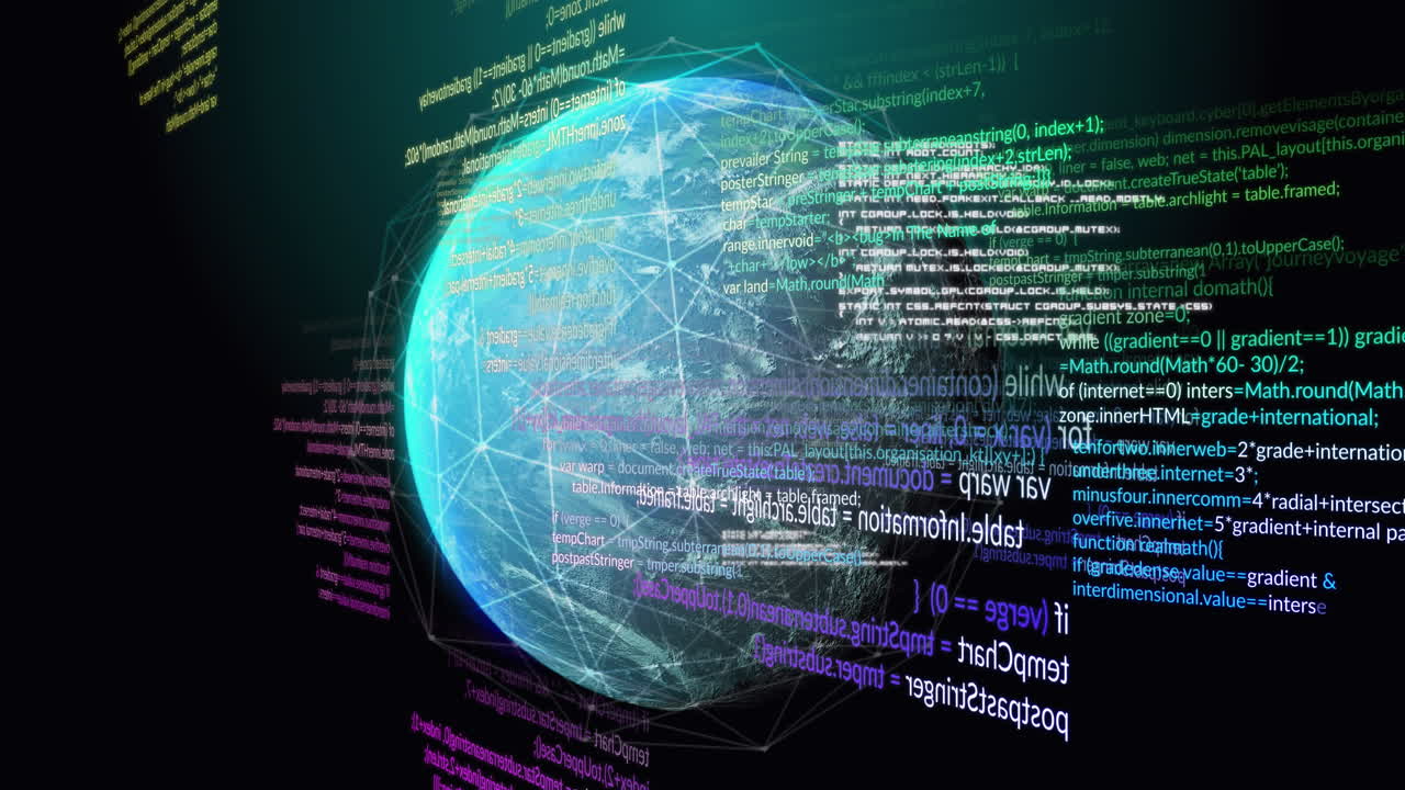 Animation of data processing and network of connections over spinning globe on black background