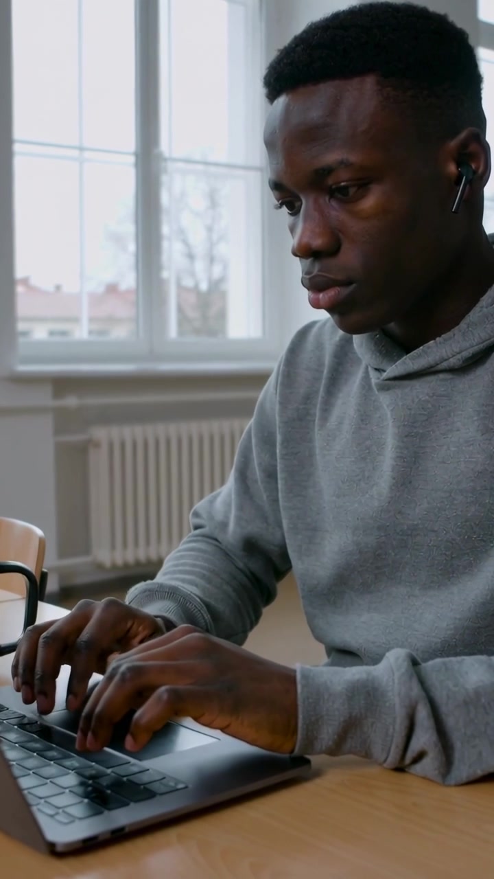 Vertical video: Placing hands on laptop, man in gray hoodie typing at table by window working