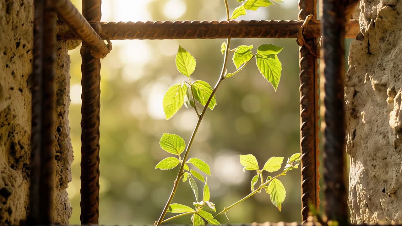 Vite verde che si arrampica e si intreccia attraverso una griglia di tondini d'acciaio arrugginiti su un muro di cemento crepato sotto la calda luce del sole.