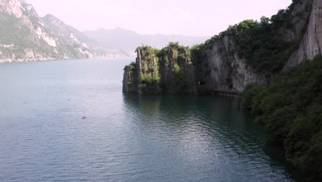 Nice-drone-shot-of-Iseo-lake,-Bay-of-the-bogn-near-Lovere-city-,-Bergamo-,Italy