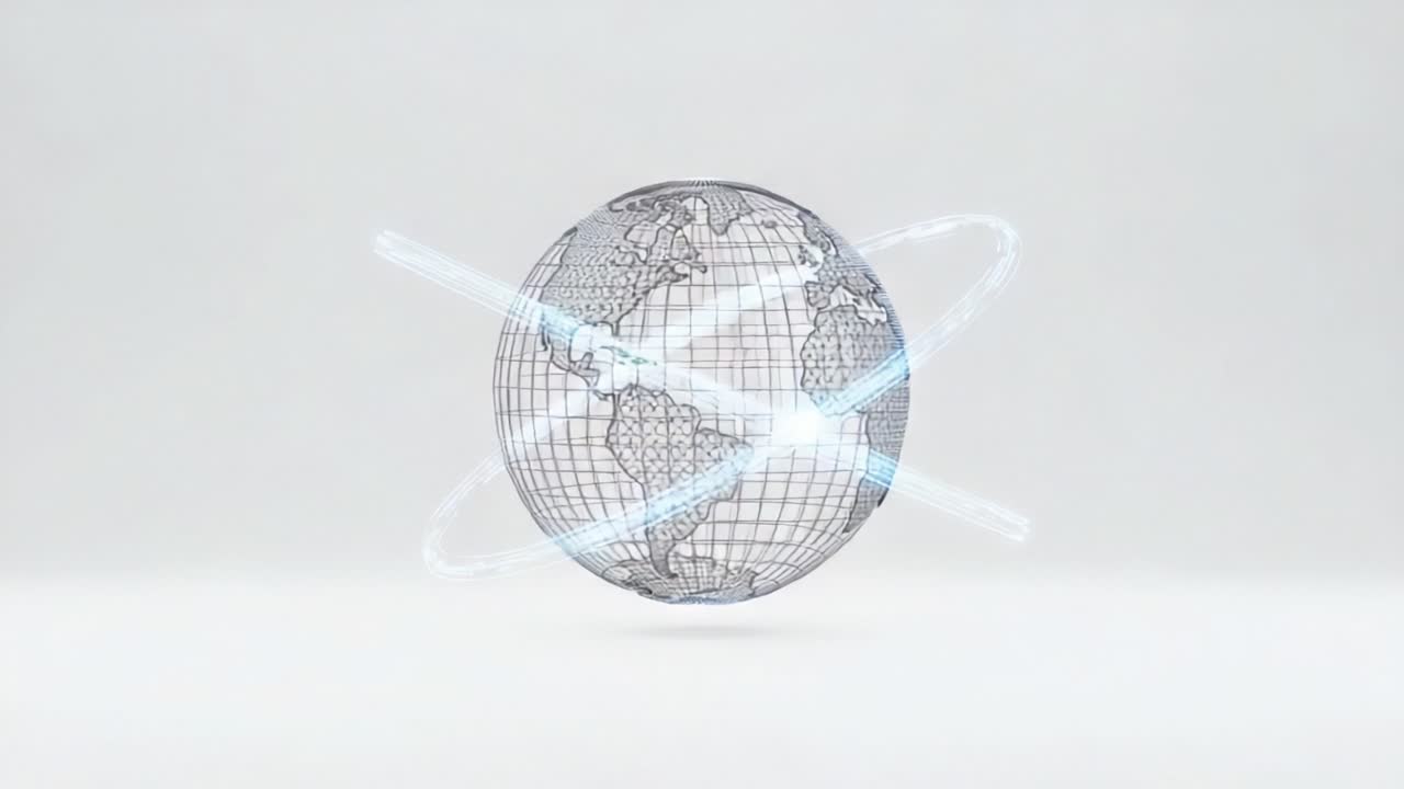 A Digital Representation of Earth with Wireframe Grid Illustrates Global Connectivity and Movement Through Dynamic Light Effects and Rotational Motion