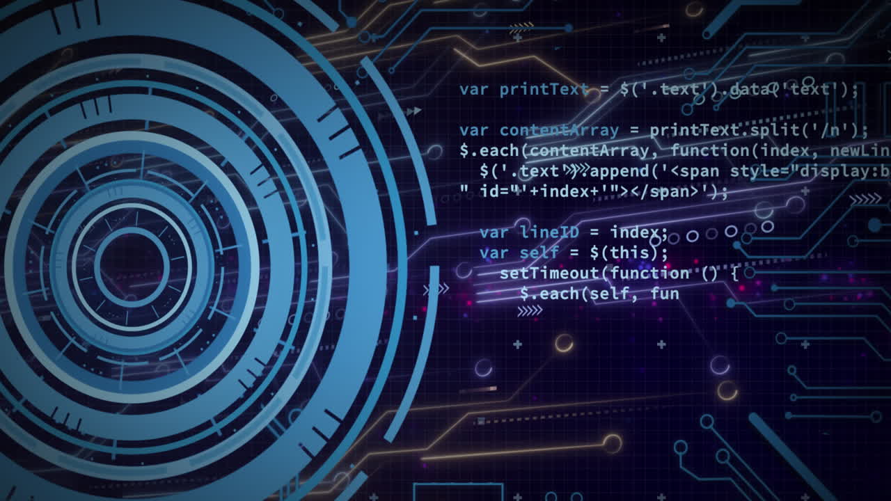 Animation of data processing with scope scanning on black background