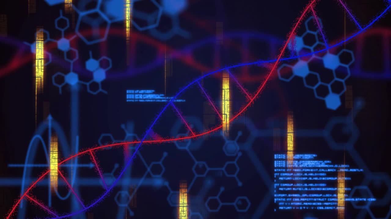 Opening red double helix curving in triggers gold bars and code animating to visualize biotech data