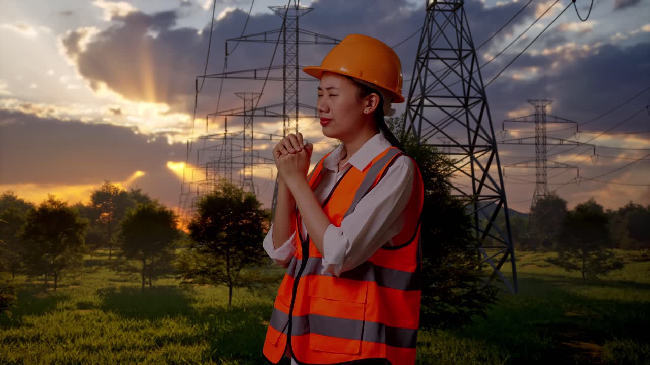 Engenheira de chapéu e colete de segurança orando ao pôr do sol