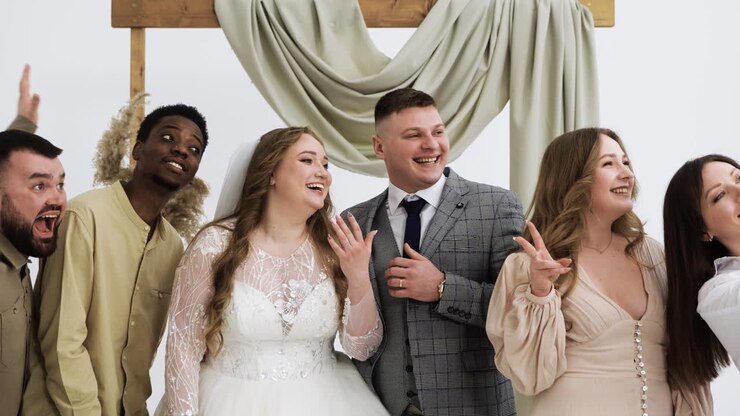 Wedding couple and friends at the altar