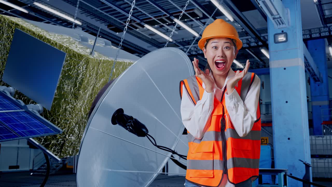 여성 엔지니어가 위성 공장에서  놀랐다