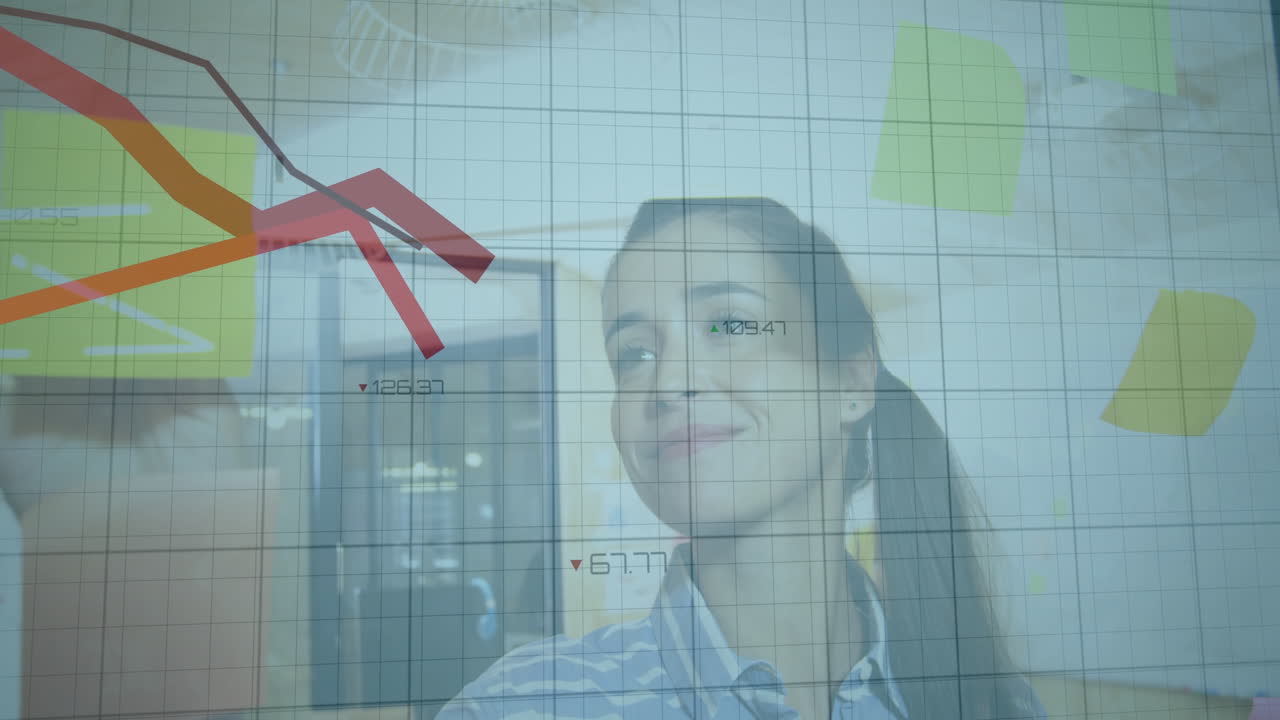 Businesswoman in office with financial graph and data overlay animation